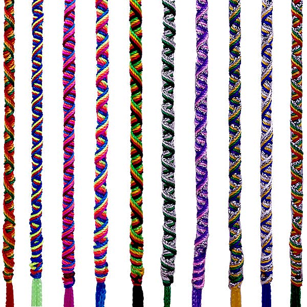 Colorful braided friendship bracelet lanyards on a white background