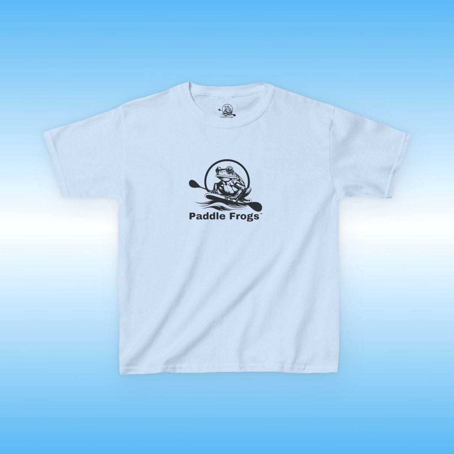 light blue t-shirt with 'Paddle Frogs' logo on a blue gradient background