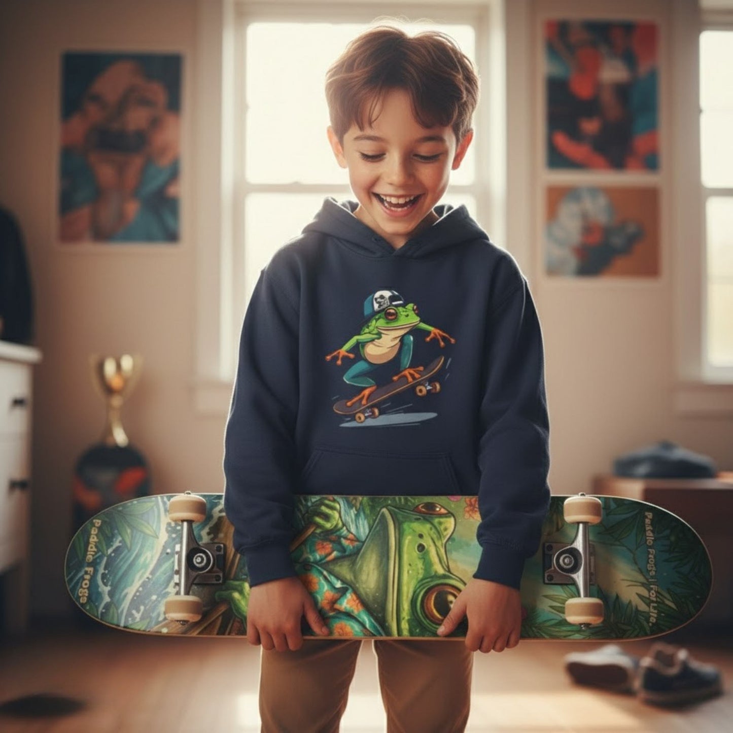 12 year old boy wearing his new Frog Hopper Skate Hoodie and holding his Christmas gift the Adventure Hawaii 7.5 Skateboard deck by Paddle Frogs™ Skate & Paddle