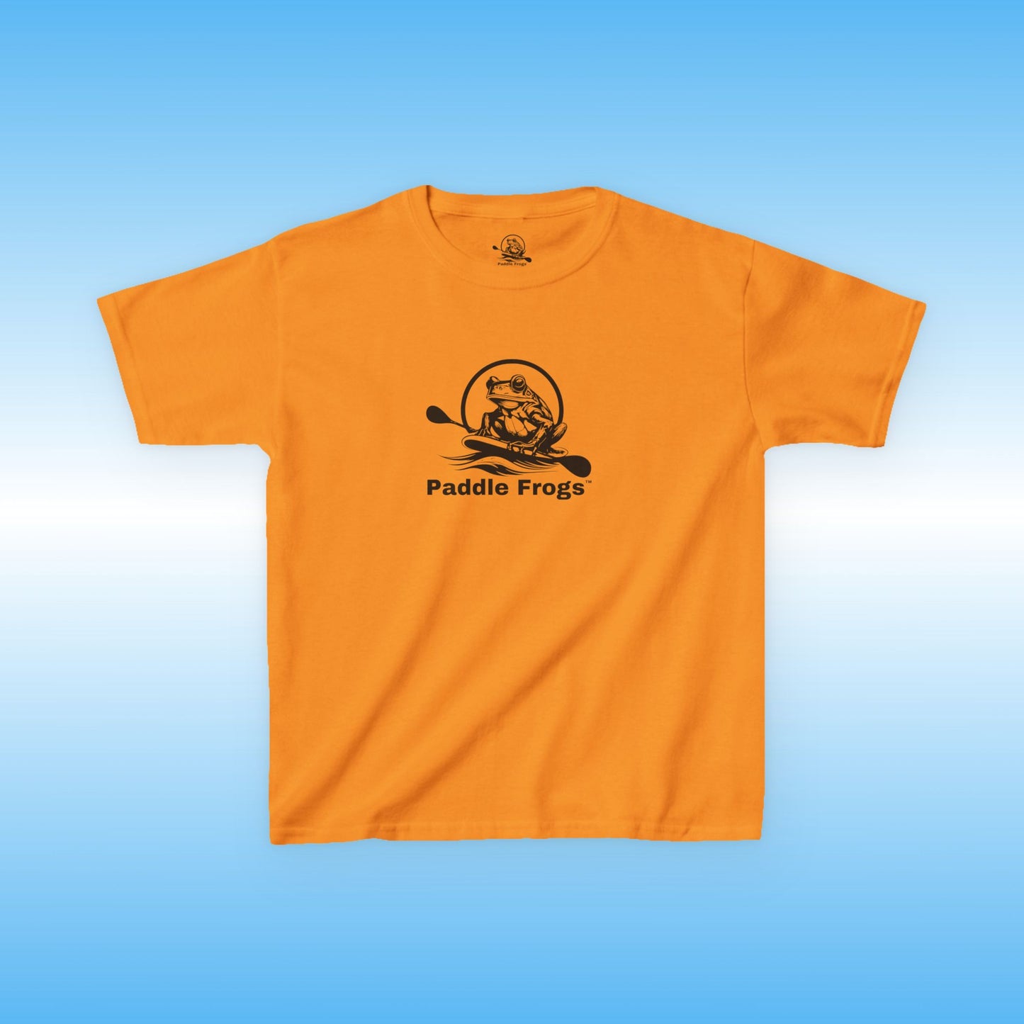 Orange t-shirt with 'Paddle Frogs' logo on a blue background