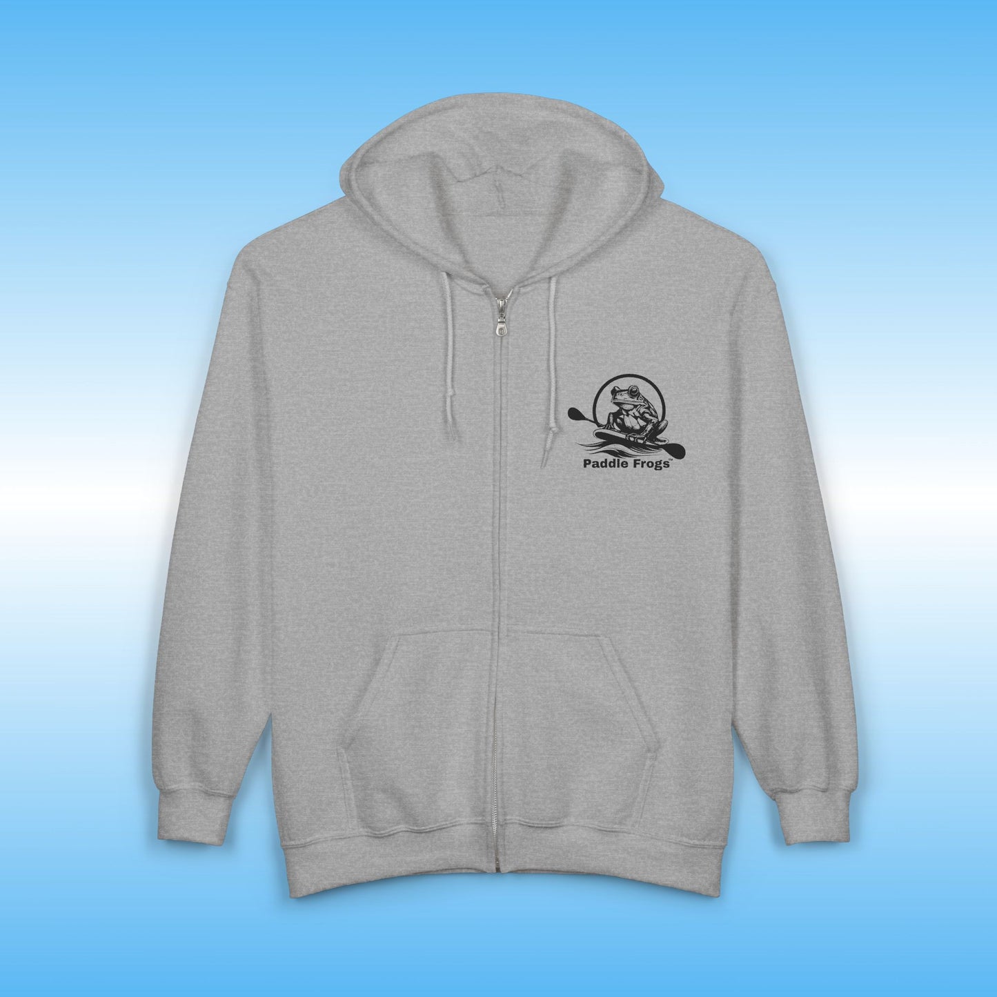 Gray hoodie with a logo on the chest against a blue gradient background
