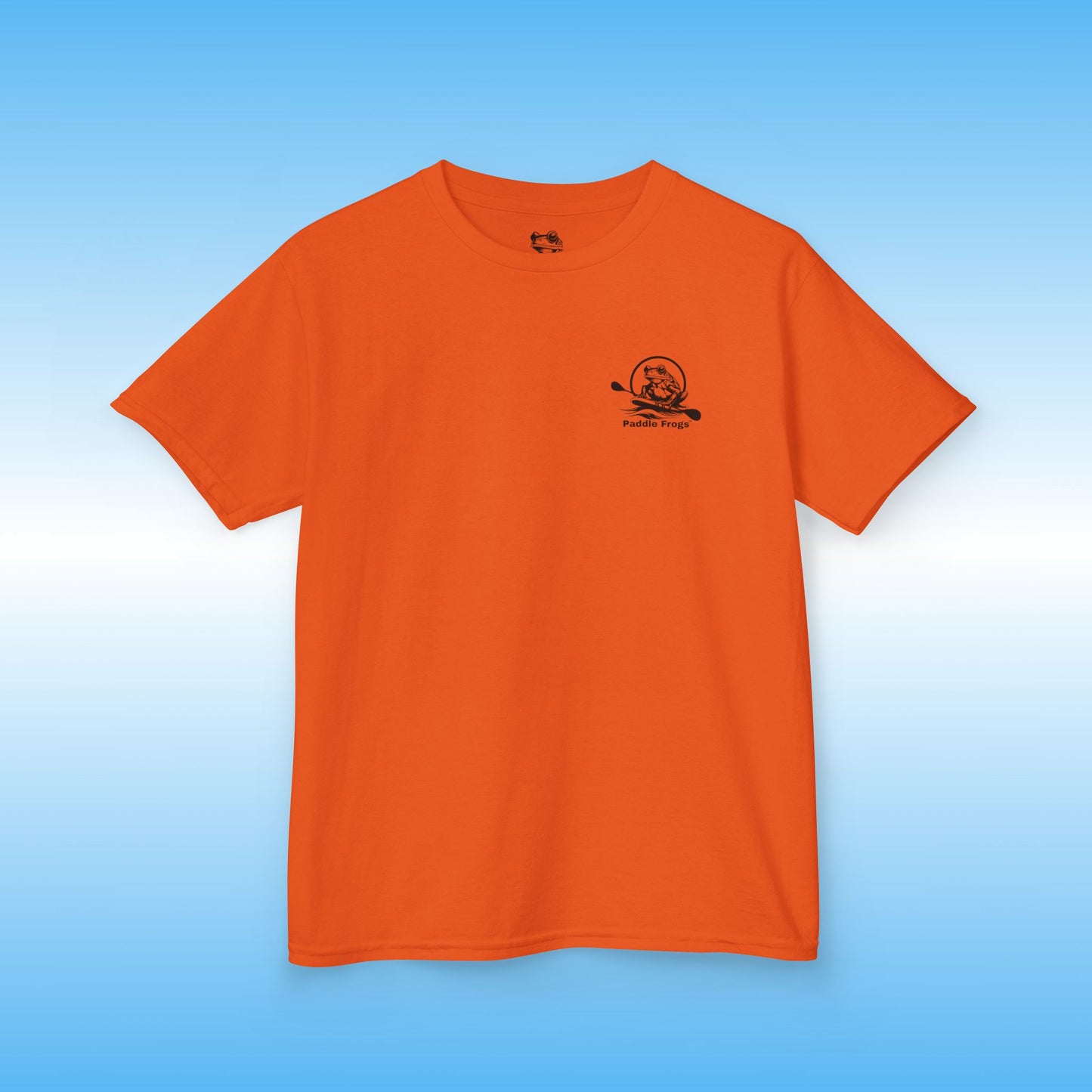 Orange t-shirt with a logo on a blue background
