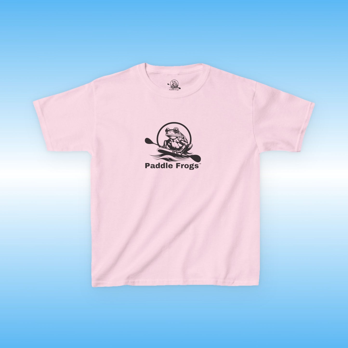 Pink t-shirt with 'Paddle Frogs' logo on a blue background