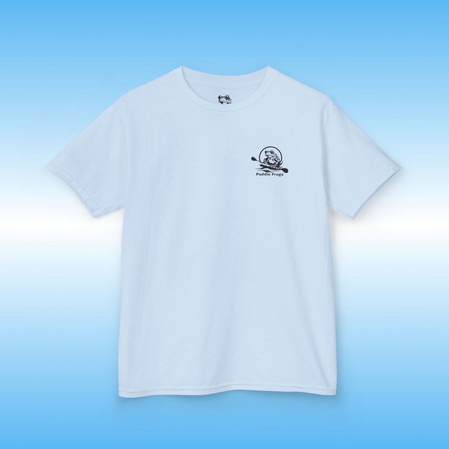 Light Blue Paddle Frogs t-shirt with a small logo on a light blue background