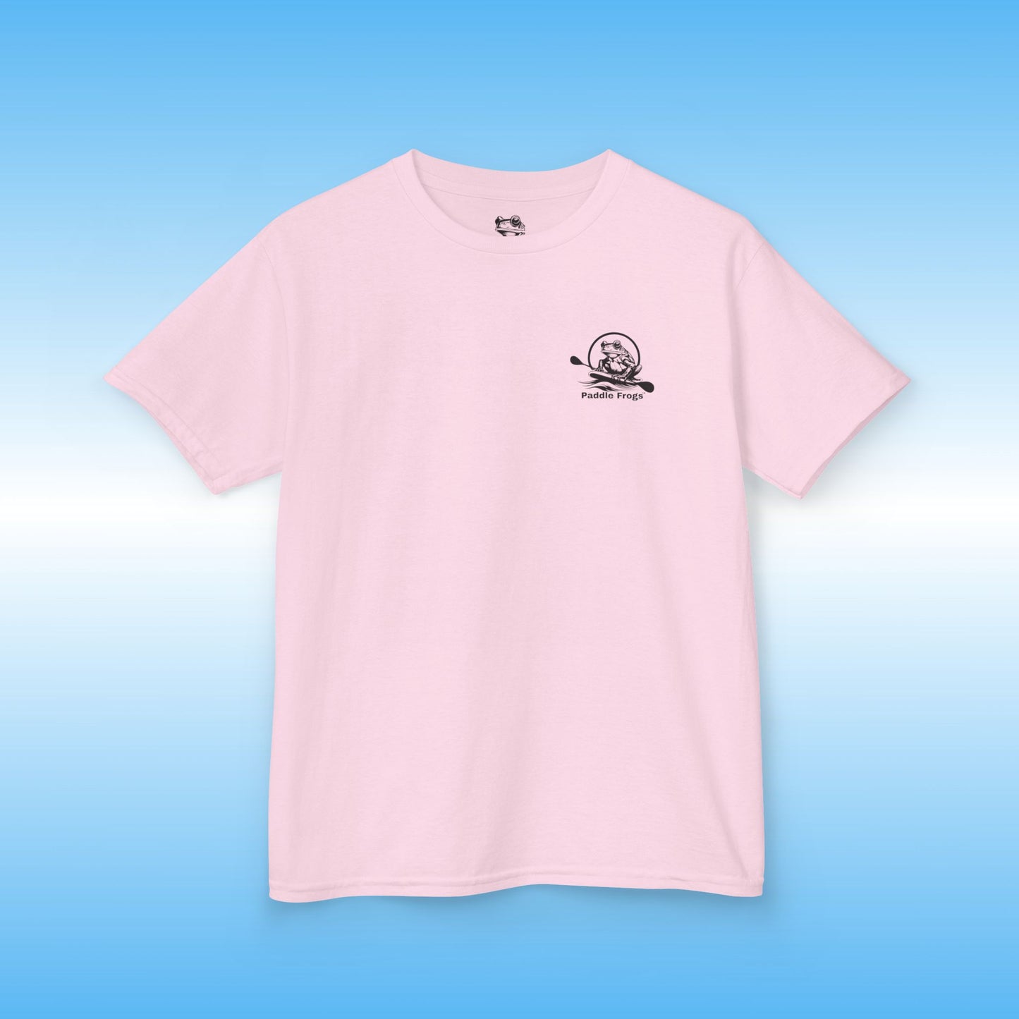 Pink t-shirt with a small logo on a blue background