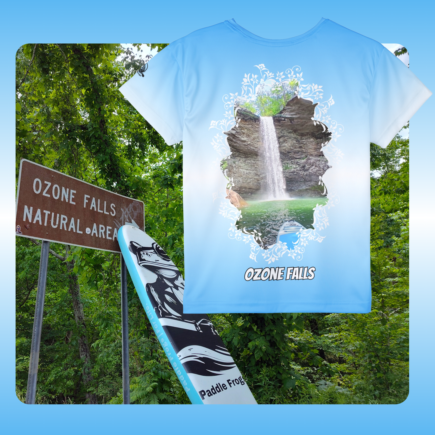 Paddle Frogs Kids Jersey T-shirt with Ozone Falls design and a paddle board in front of a natural area sign.