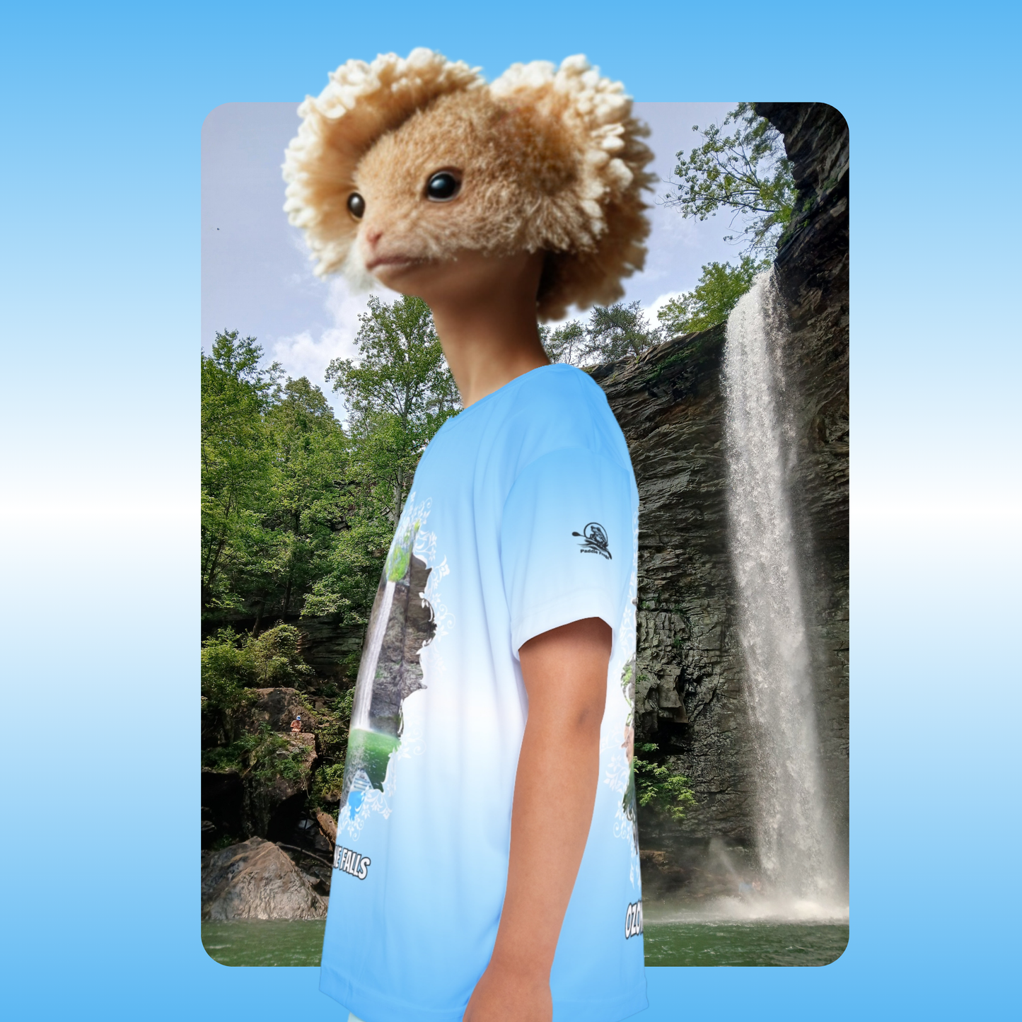 Paddle Frogs Kids Ozone Falls Hiking Jersey | Person wearing a blue t-shirt with a nature design in front of a waterfall