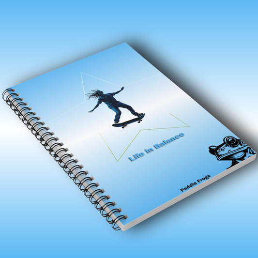 Paddle Frogs Journal Notebook with a skateboarder Star design and 'Life in Balance' text on a blue background