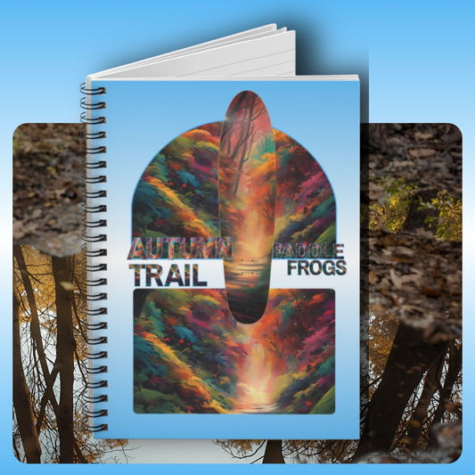 Paddle Frogs Autumn Trail Journal Notebook with colorful design and text on a blue background
