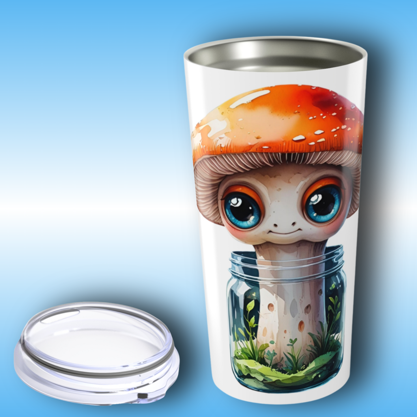 Paddle Frogs | Sporeli Tumbler with a cartoon mushroom design on a blue background