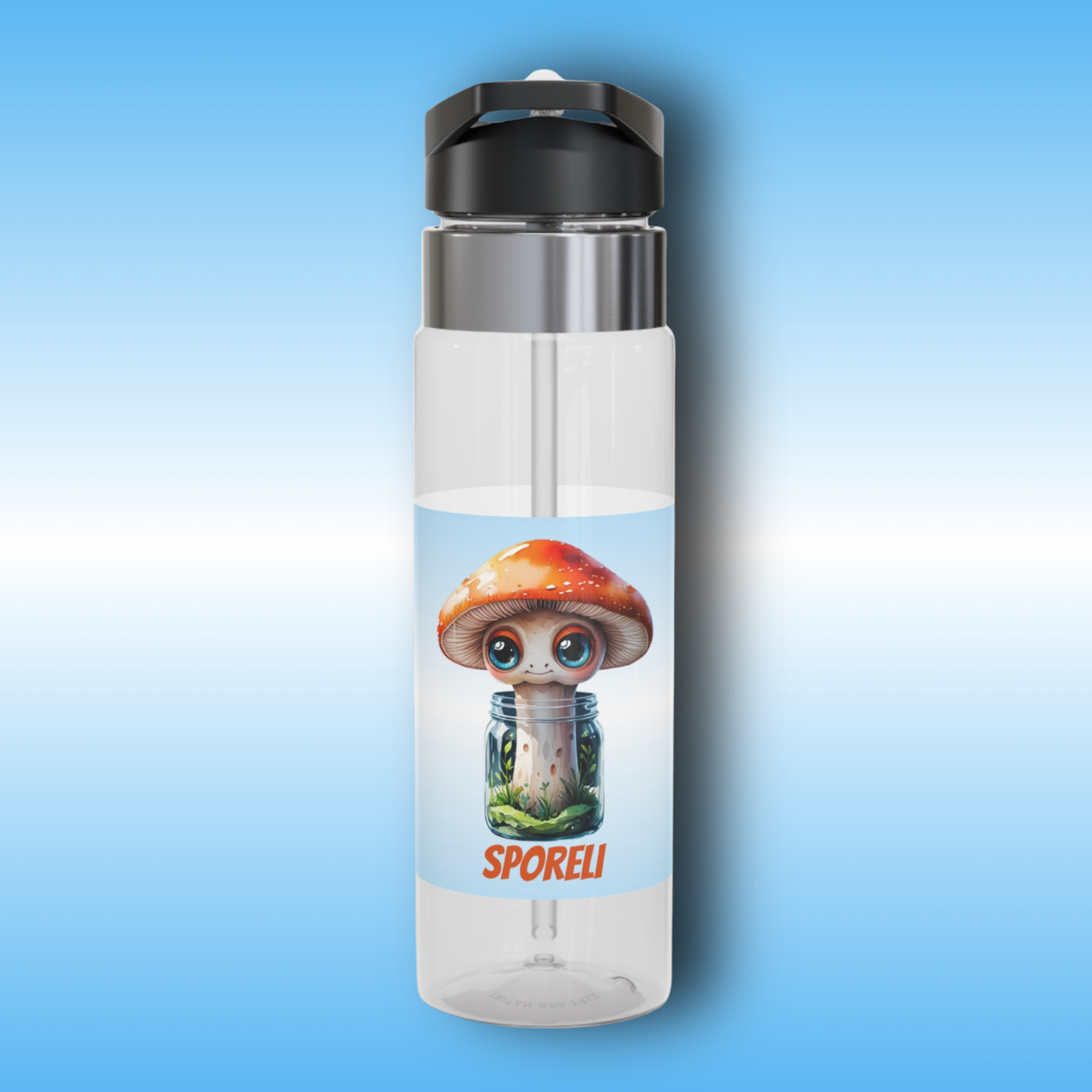 Paddle Frogs Clear water bottle with a cartoon mushroom design and 'Sporell' branding on a blue gradient background.