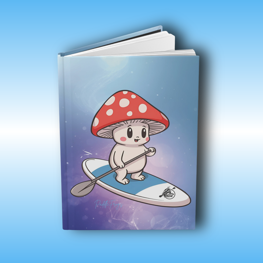 Shiro rides the Divine Escape paddle board Hard Cover Journal by Paddle Frogs | open for context Notebook with a cartoon character on a blue background
