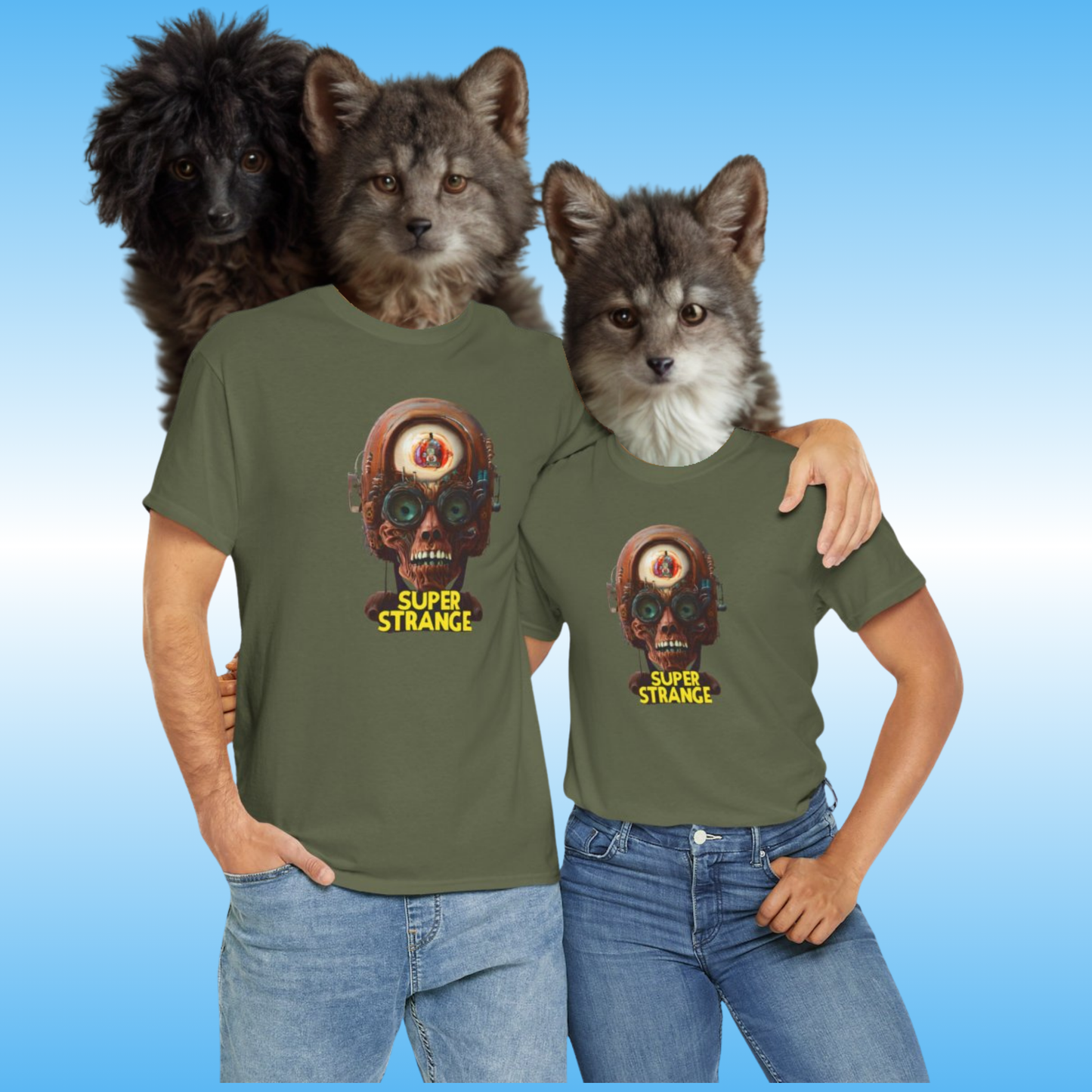 Two people wearing green t-shirts with a 'Super Strange' design, standing with three wolves on a blue background.