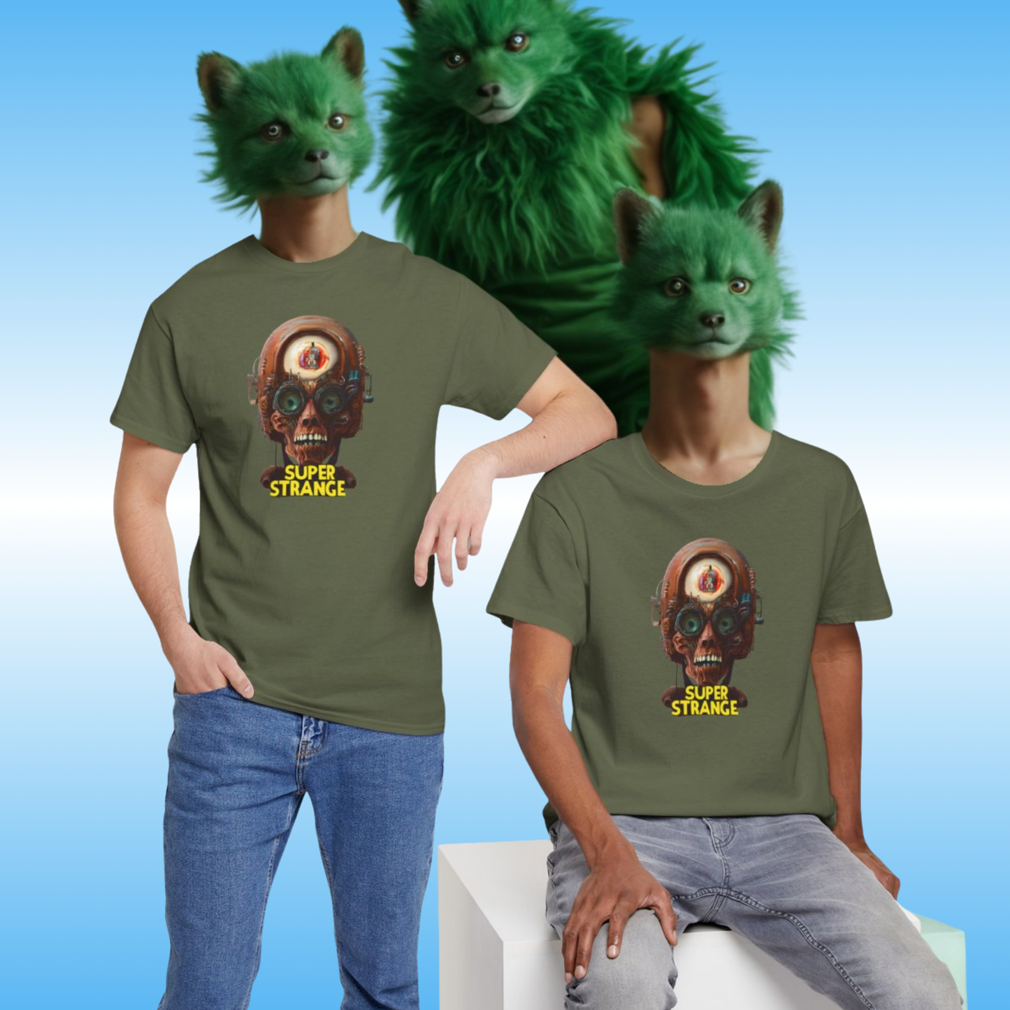 Two people wearing green t-shirts with a 'Super Strange' design, sitting and standing against a blue background.