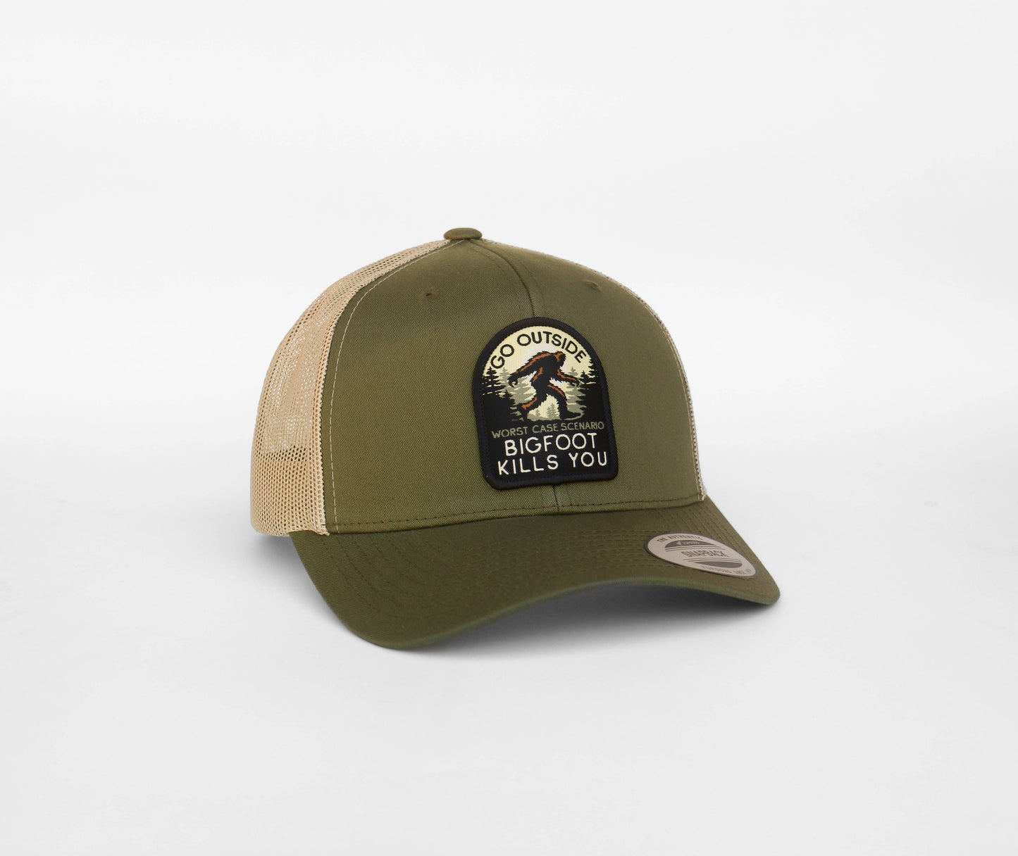 Go Outside Bigfoot Kills You Trucker Hat - Orange & Khaki