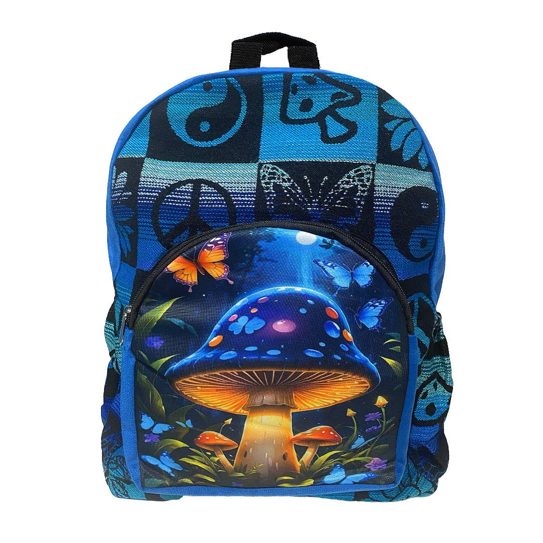 Backpack with a mushroom and butterfly design on a blue patterned background