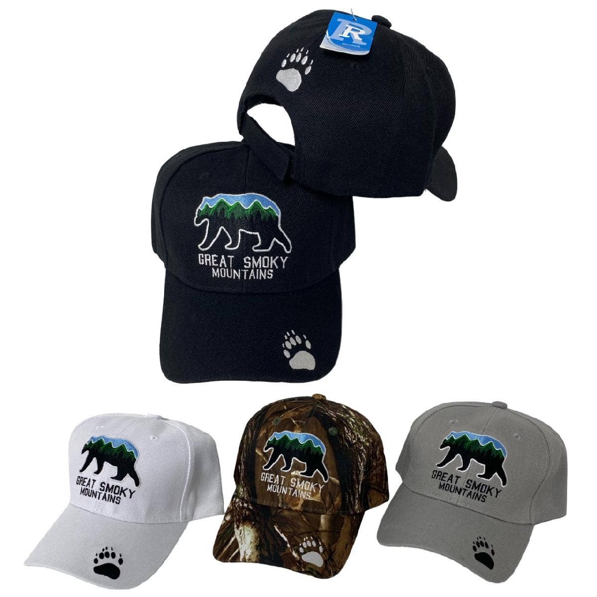 Collection of baseball caps with 'Great Smoky Mountains' logo and bear design on a white background.