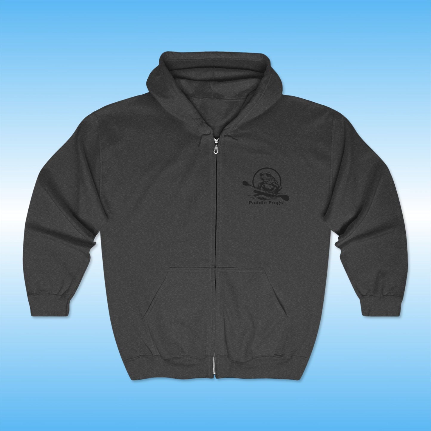 Paddle Frogs Dark Heather Black hoodie with a logo on the chest against a blue background