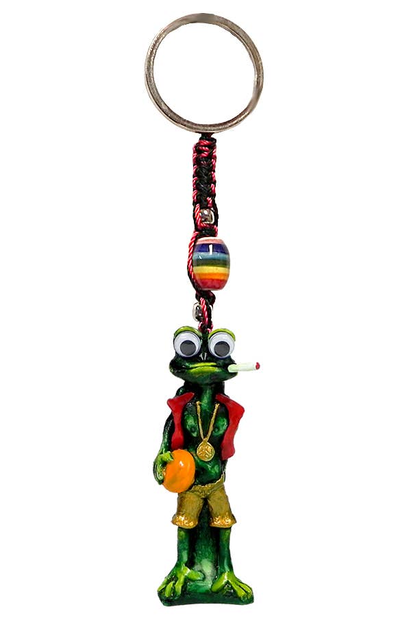 Frog keychain with colorful beads on a white background
