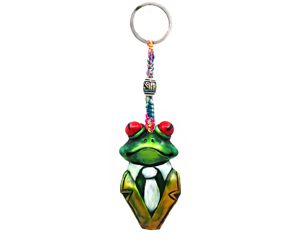 Frog keychain with colorful beads on a white background
