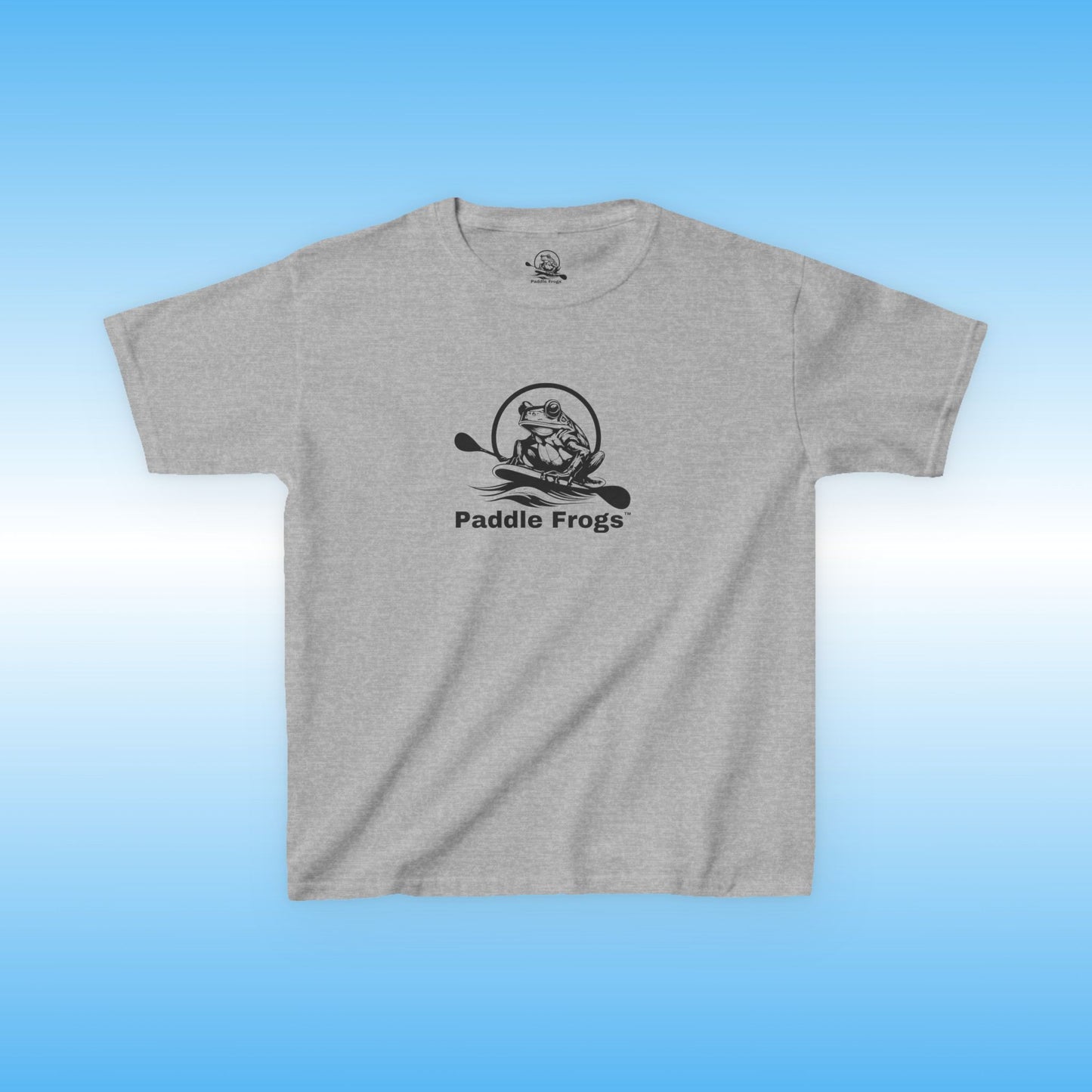Gray t-shirt with 'Paddle Frogs' logo on a blue gradient background