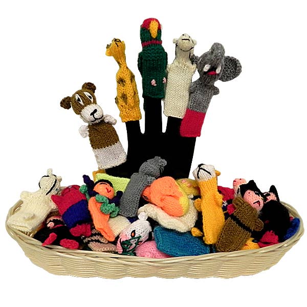 Collection of colorful finger puppets in a basket on a white background