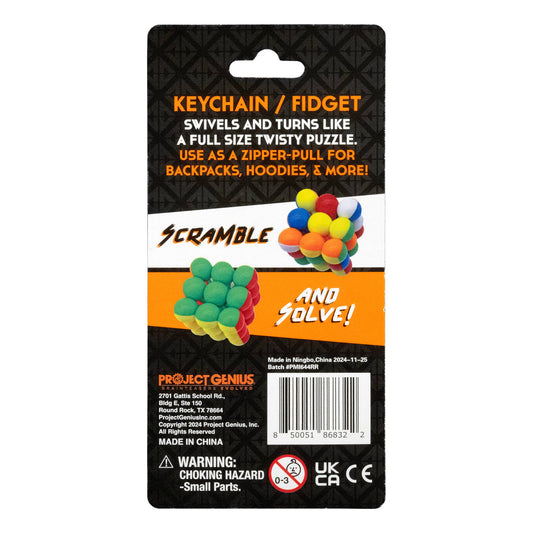 Scramble keychain fidget toy packaging with colorful balls on a black background