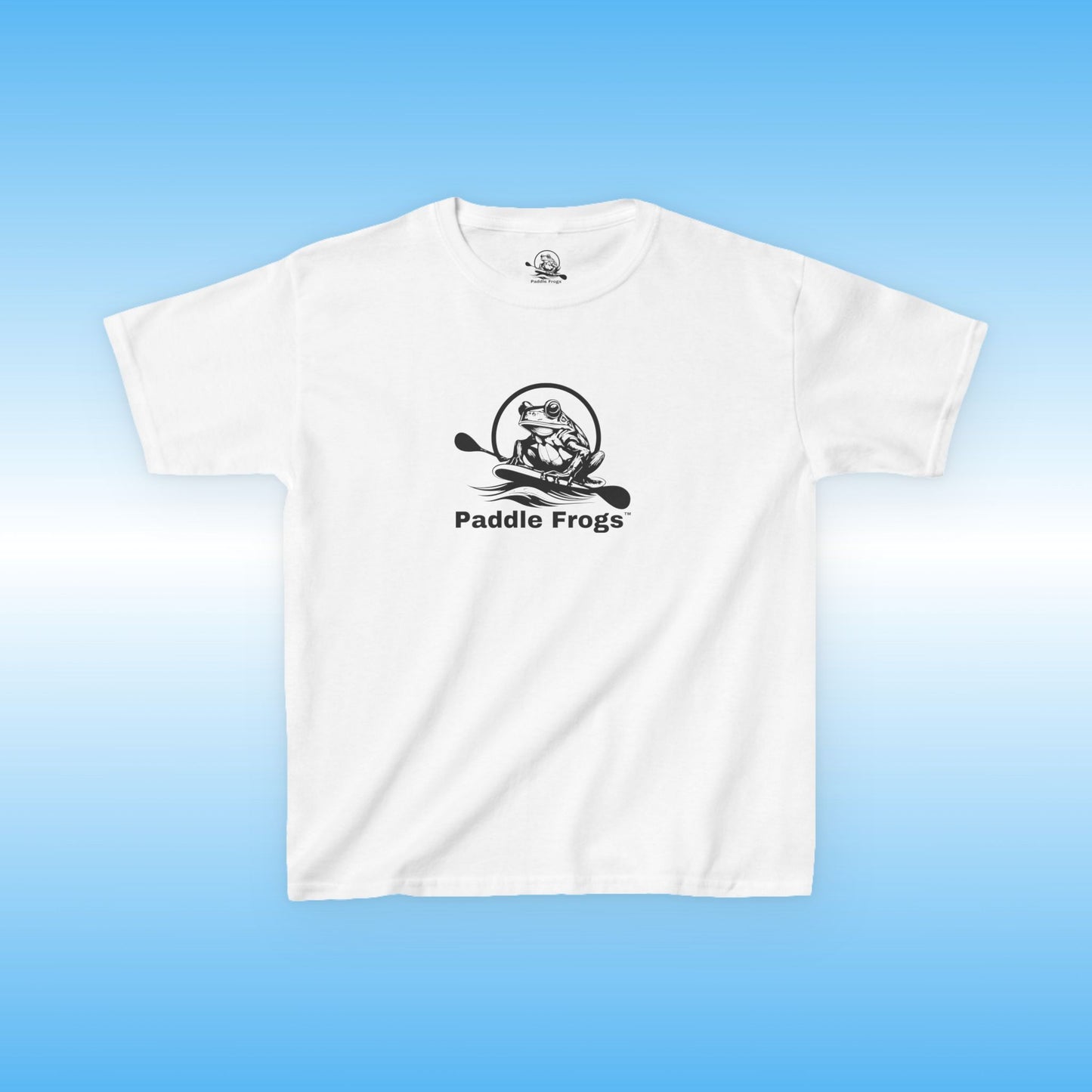 White t-shirt with 'Paddle Frogs' logo on a blue background