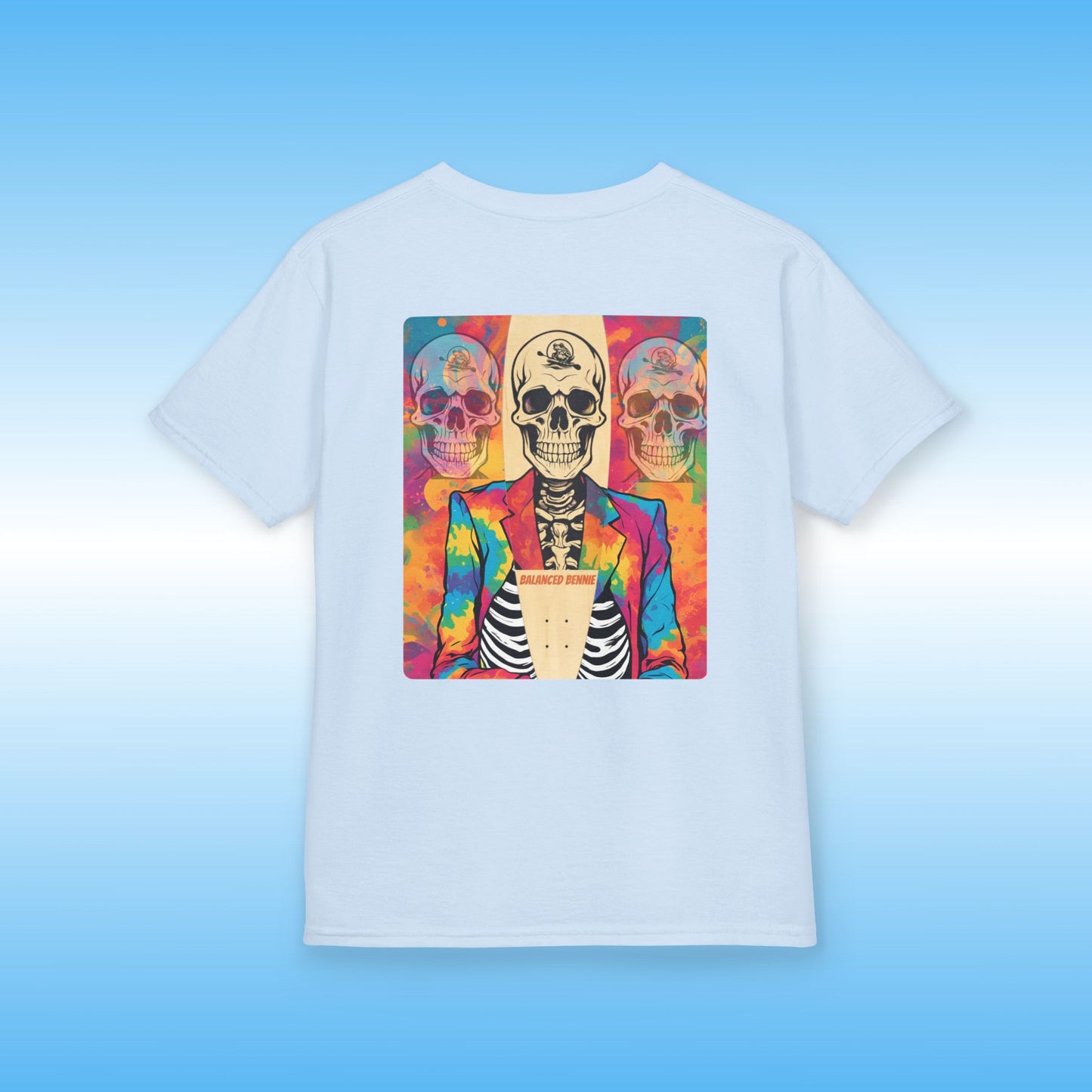 Light Blue t-shirt with a colorful skull design on a blue background
