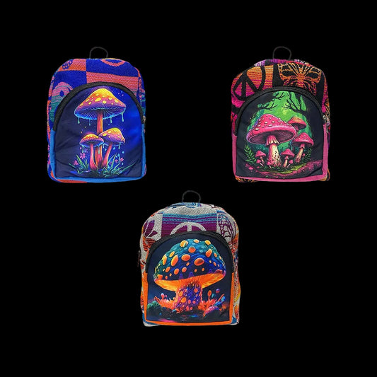 Three colorful backpacks with mushroom designs on a black background