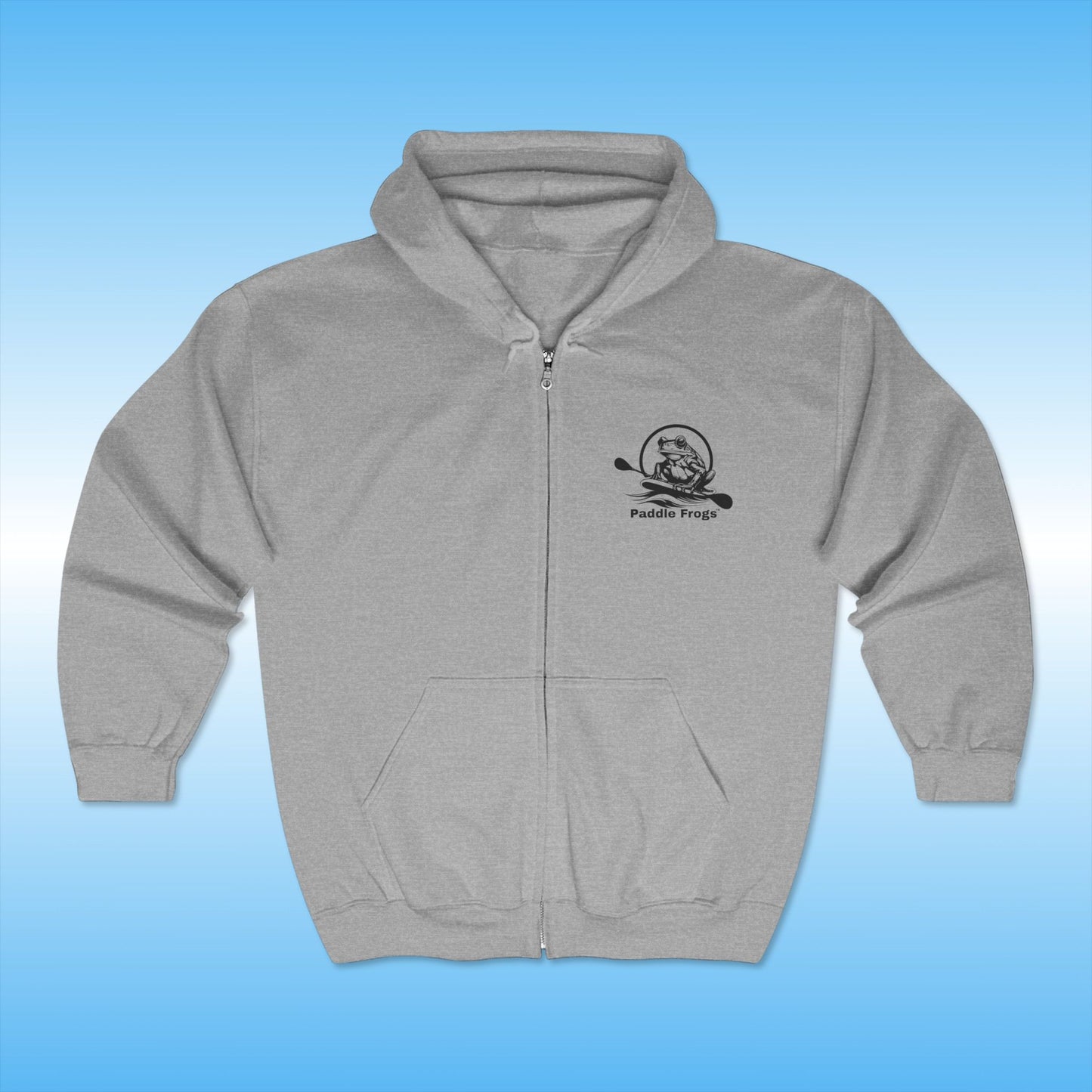 Paddle Frogs Gray hoodie with a logo on a blue background Super Strange Zip Hoodie