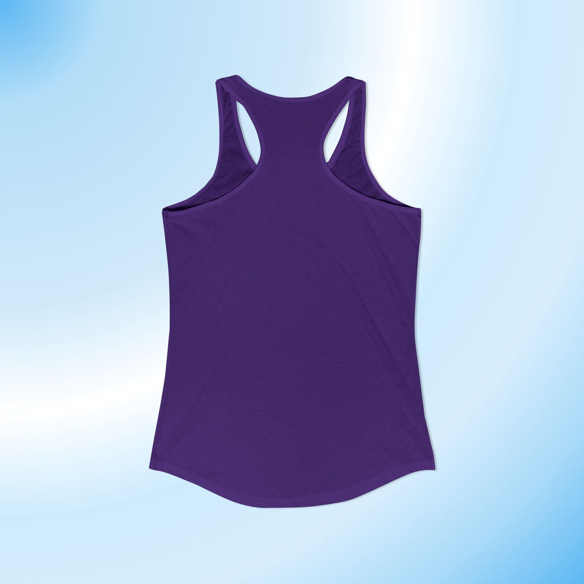 A purple racerback tank top shown from the back, centered on a light blue gradient background.