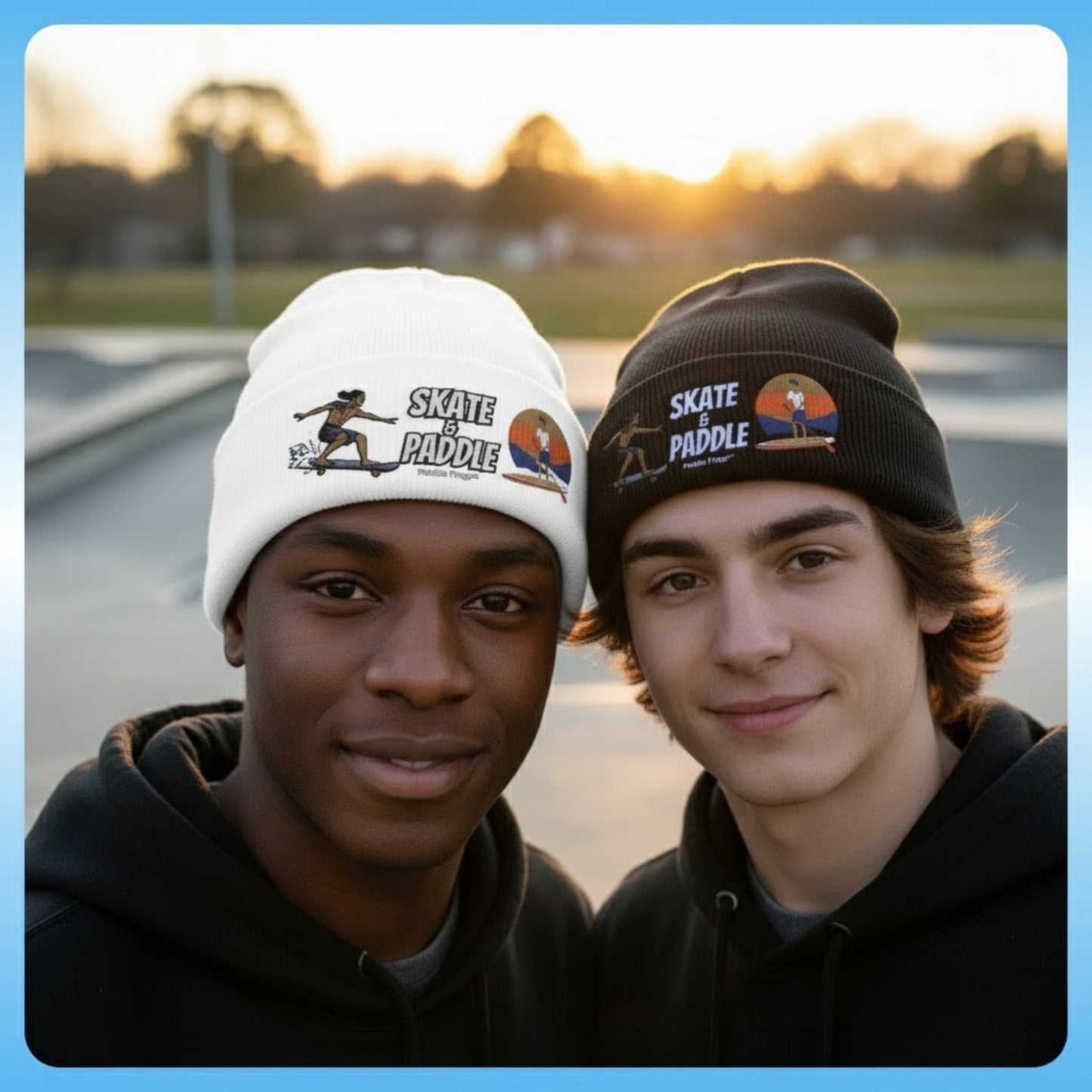 A Rhythmic Life: The Skate & Paddle Beanie Men's Black and White hat selfie at the skate park with two skater friends who also paddle board and live life in balance Paddle Frogs outdoor gear