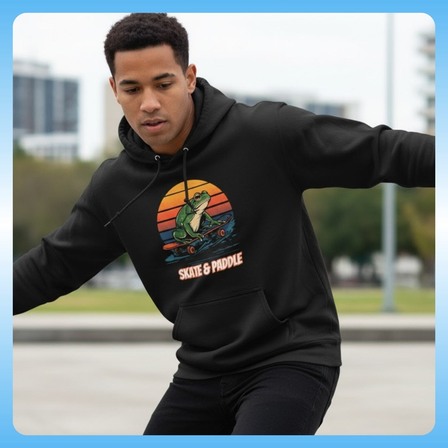 Skateboarding Action Shot | Paddle Frogs™ Skate & Paddle Hoodie | Poetic Balance Black Retro