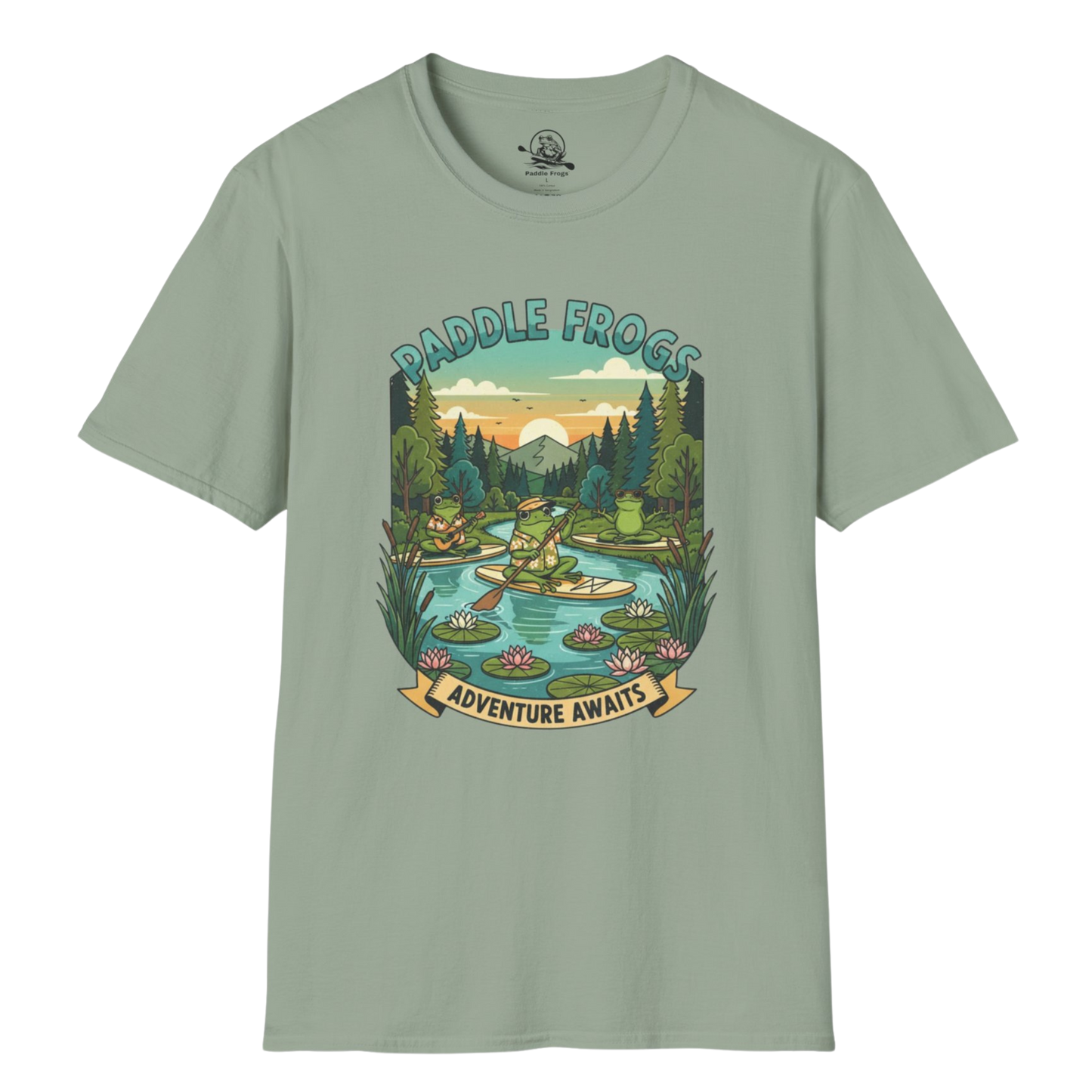 Sage Adventure Await Paddle Frogs paddle boarding tee on a transparent background