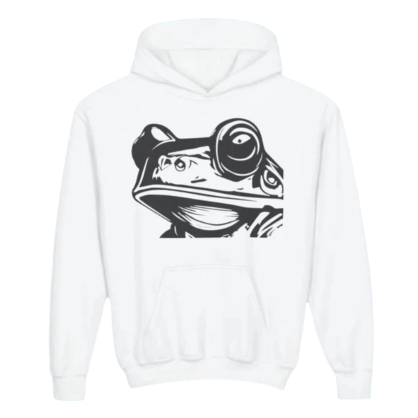 White hoodie with a black frog graphic on a white background