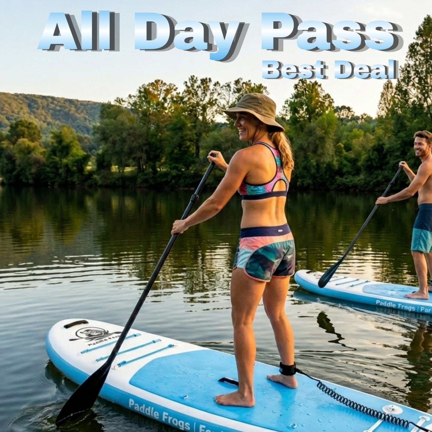 Two people paddleboarding on the Emory River with 'All Day Pass Best Deal' text overlay. @PaddleFrogs SUP Rental in Harriman Tennessee