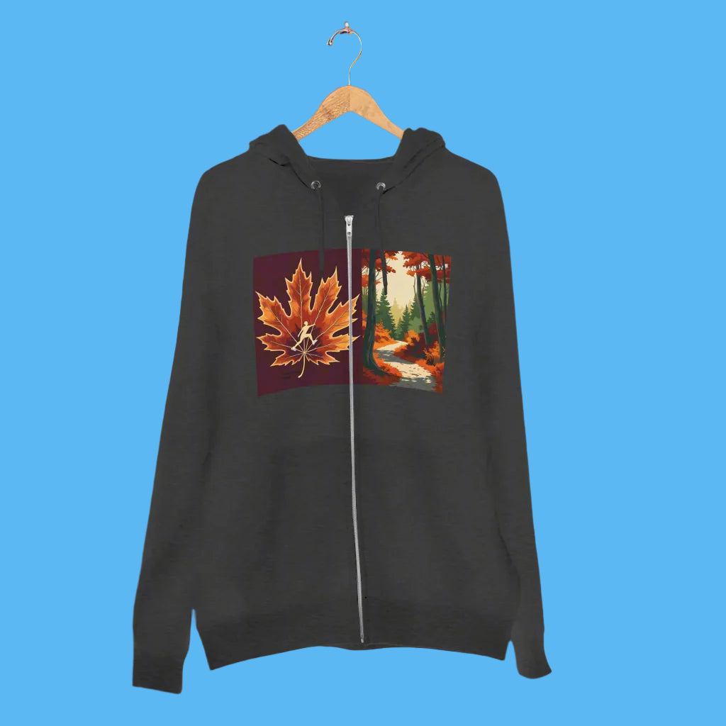 Autumn Trail Black edition 2025 - 2026 Fall Winter Spring hoodie Black hoodie with a zipper featuring a leaf and forest design on a hanger against a white background.