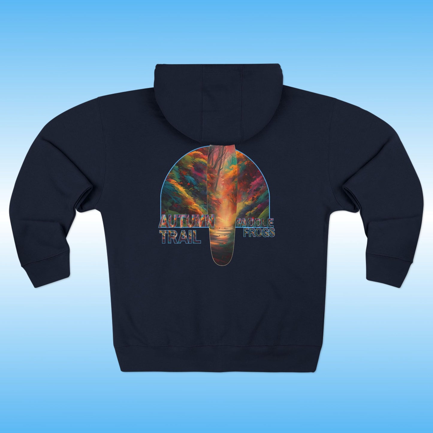 Autumn Trail Black hoodie with a colorful fall graphic on the back against a blue gradient background