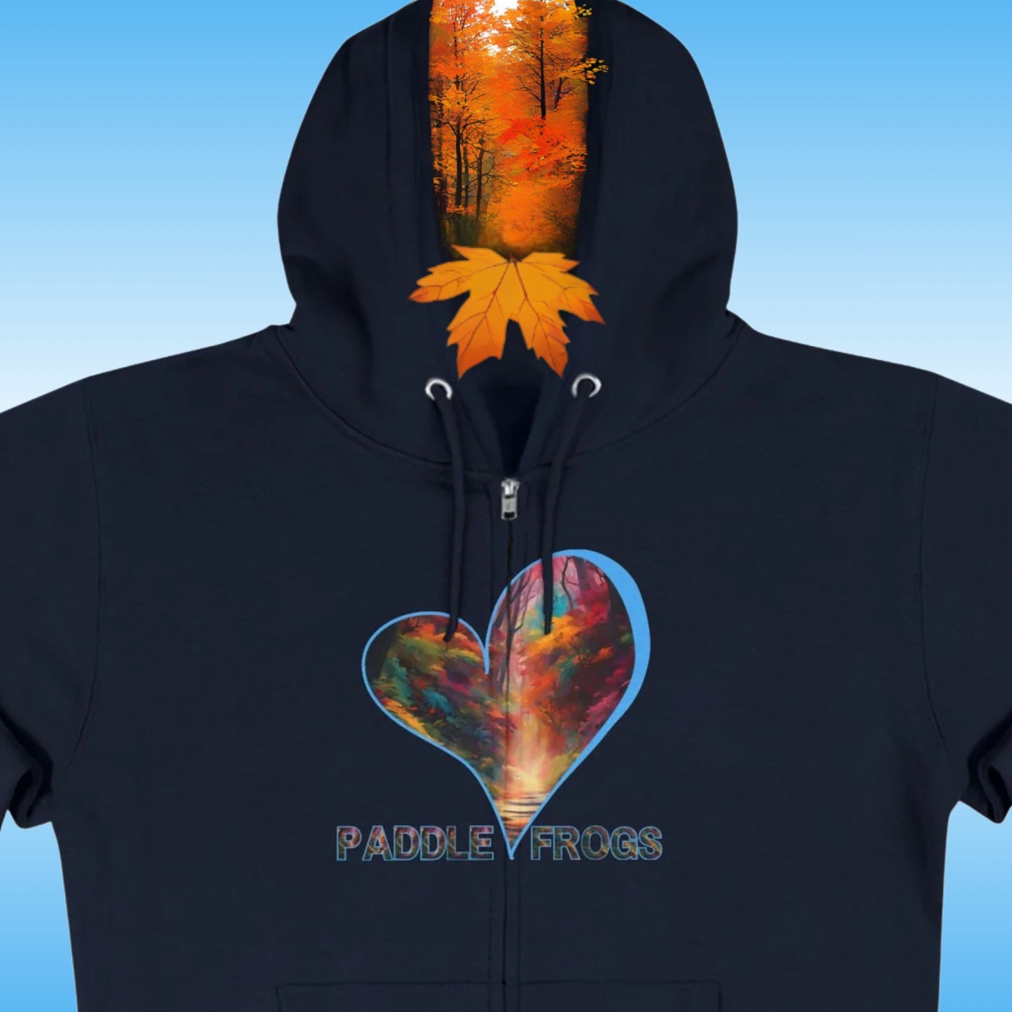 Autumn Trail | Full Zip Hoodie | Navy Blue Hooded jacket | Paddle Frogs | Heart | beautiful blue and fall colors | Leaves fly out from the excitement of reality | Navy Dark Blue hoodie with a colorful heart design and 'Paddle Frogs' text on a blue background