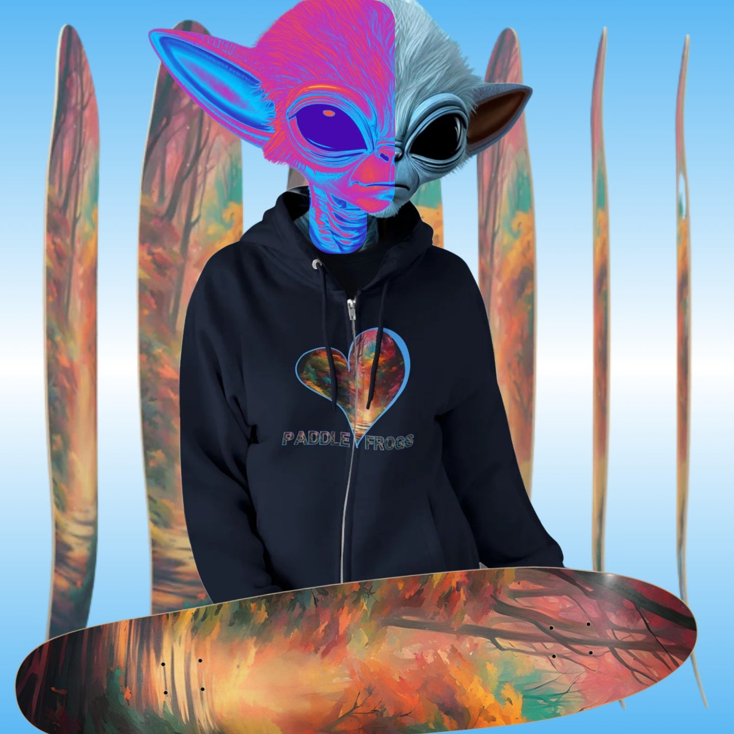 Autumn Trail | Full Zip Hoodie | Navy Blue Hooded jacket | Paddle Frogs | Heart | beautiful blue and fall colors | Longboard skateboard | Person wearing an alien mask and hoodie with a colorful heart design, standing behind a skateboard with a similar design.