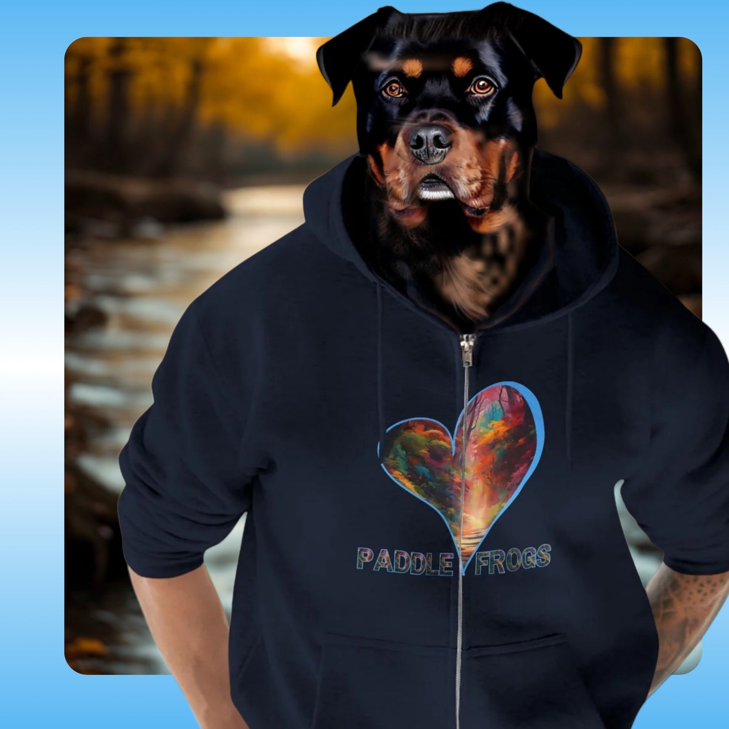 Autumn Trail | Full Zip Hoodie | Navy Blue Hooded jacket | Paddle Frogs | Heart | beautiful blue and fall colors | rottweiler at the creek | Person wearing a Dark Blue Black hoodie with a colorful heart design and 'Paddle Frogs' text, standing in front of a blurred natural background.
