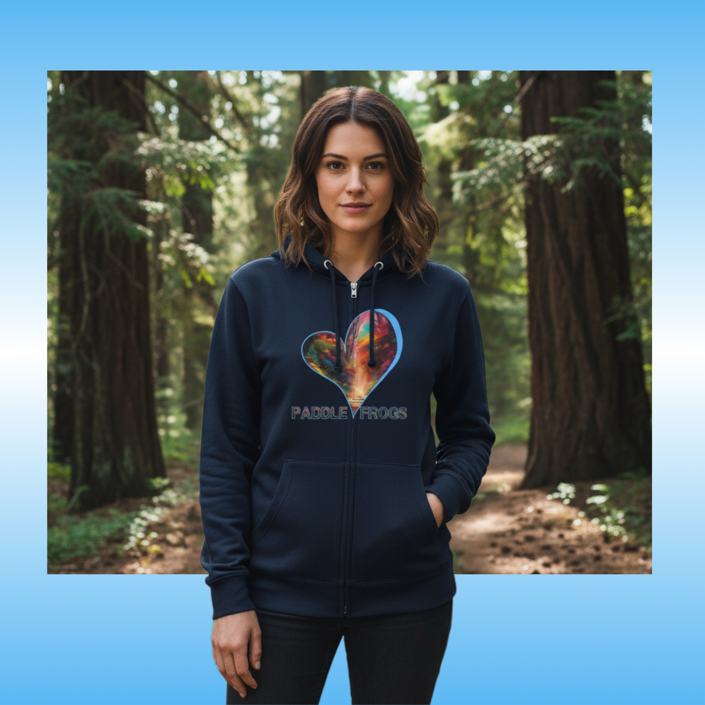 Autumn Trail Full Zip Up Hoodie | Paddle Frogs Outdoor Gear | Person wearing a dark blue hoodie with a colorful heart design and 'Paddle Frogs' text in a forest setting.