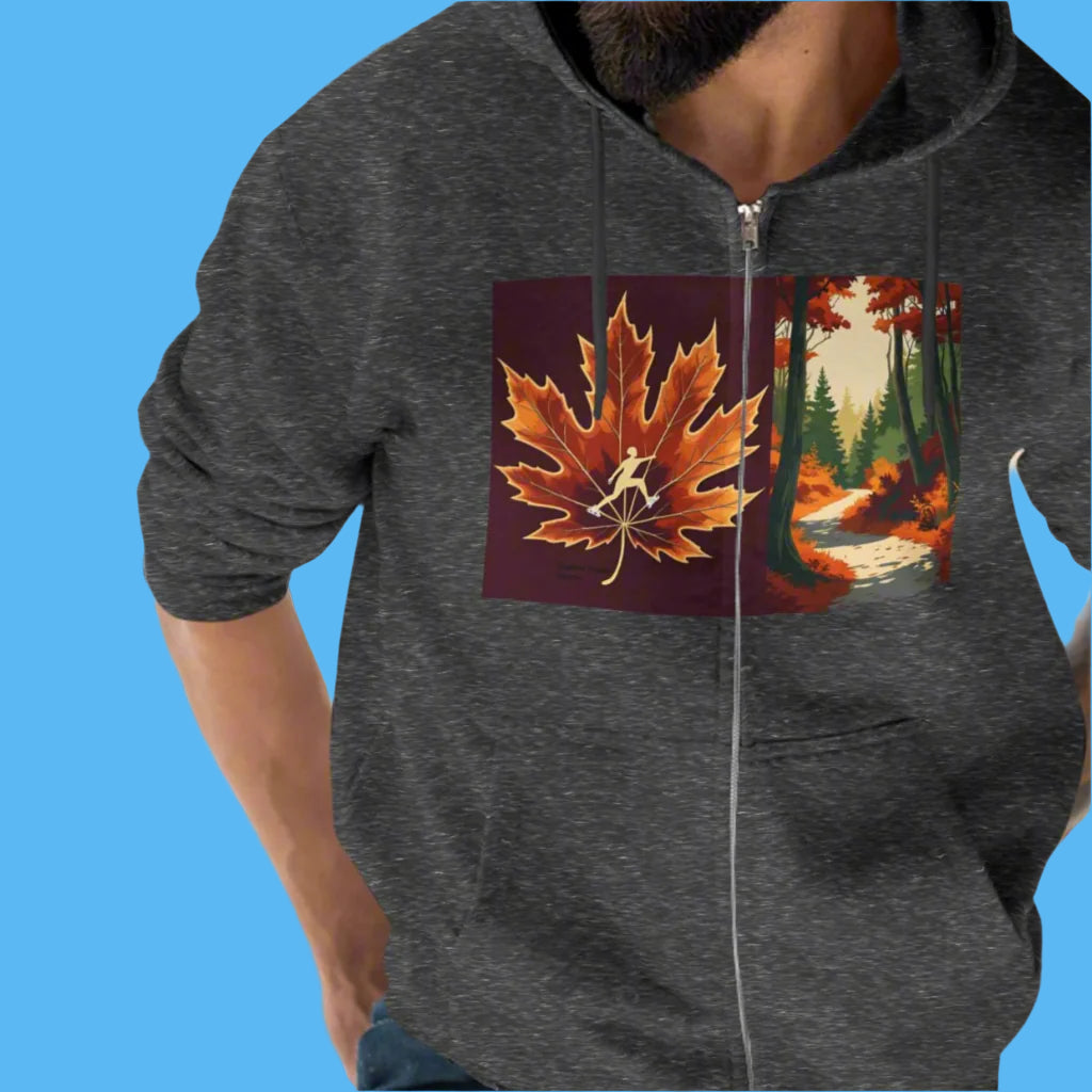 Autumn Trail Ice Skating edition 2025 - 2026 dark gray hoodie with a colorful leaf design on the trail to the Paddle Frogs crew fall hangout