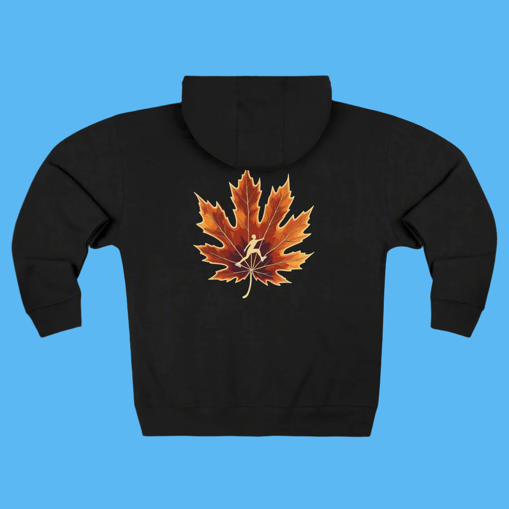 Autumn Trail Ice Skating edition 2025 - 2026 dark gray hoodie with a colorful leaf design on the trail to the Paddle Frogs crew fall hangout Black hoodie with a brown maple leaf design on the back against a white background
