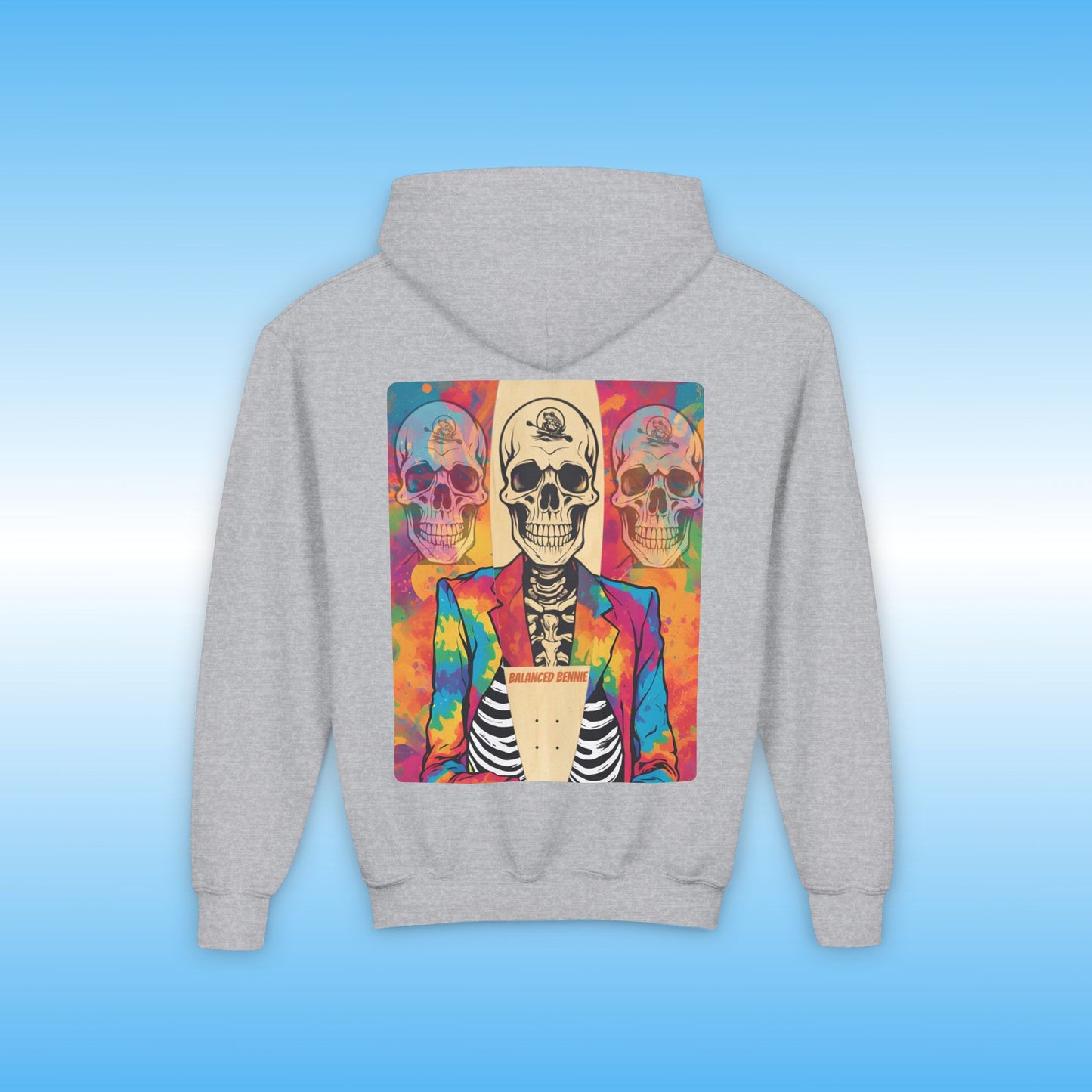 Balance Bennie youth hooded jacket Gray hoodie with a colorful skeleton design on the back against a blue gradient background