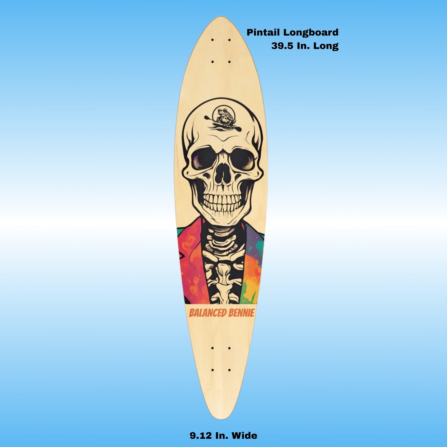 Balanced Bennie 39.5 x 9.12 inch Pintail Longboard Paddle Frogs™ Skateboard deck with a skeleton design on a blue background