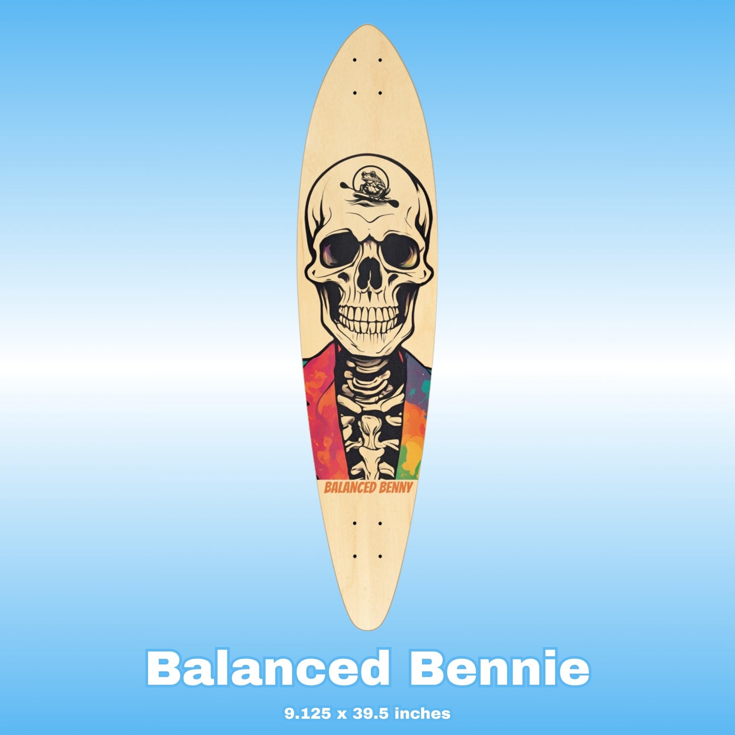 Skateboard deck with skull design on a blue background, featuring the Paddle Frogs brand character 'Balanced Bennie'.