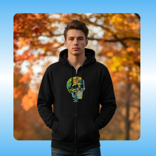 Balanced Bennie Hooded Jacket by Paddle Frogs Outdoor Gear | Tie Dye skeleton on black zip up hoodie | Person wearing a black hoodie with a colorful skull design in an outdoor setting with autumn trees.