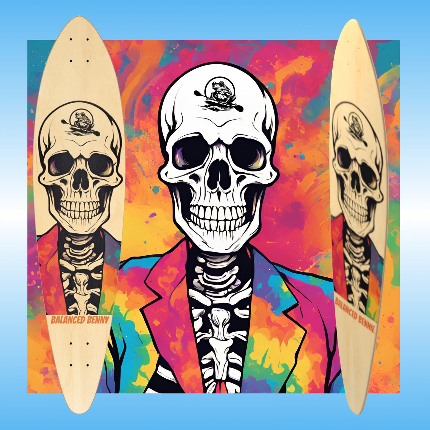 Balanced Bennie | Longboard pro skateboard deck by Paddle Frogs | Skateboard design with a skeleton wearing a colorful jacket on a vibrant background